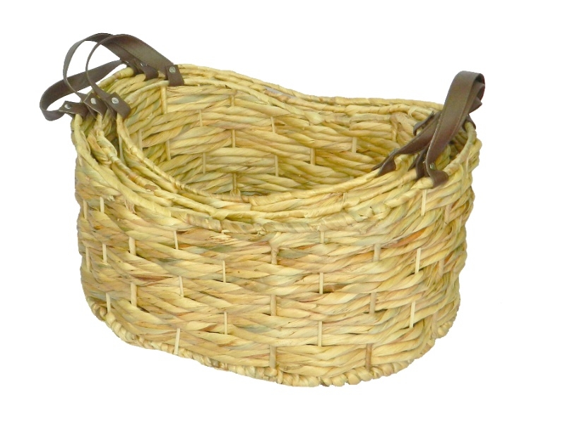 Superior Water Hyacinth Oval Basket Set with Faux Leather Handles